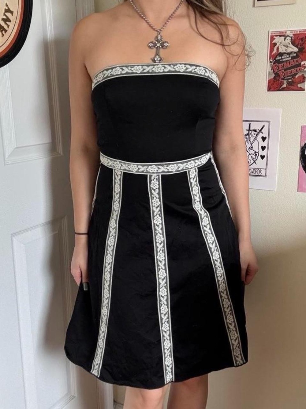 Teeze Me Black Strapless Dress with White Lace Trim